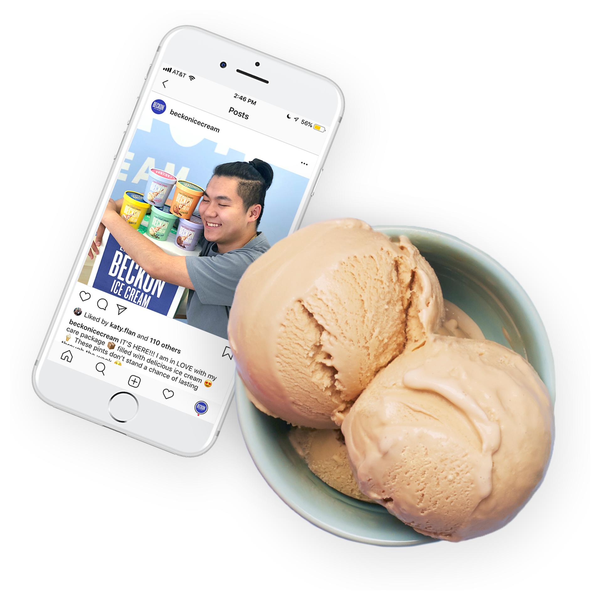 Beckon Ice Cream dairy full lactose free premium ice cream. Instagram on iPhone next to a bowl of delicious Espresso ice cream.